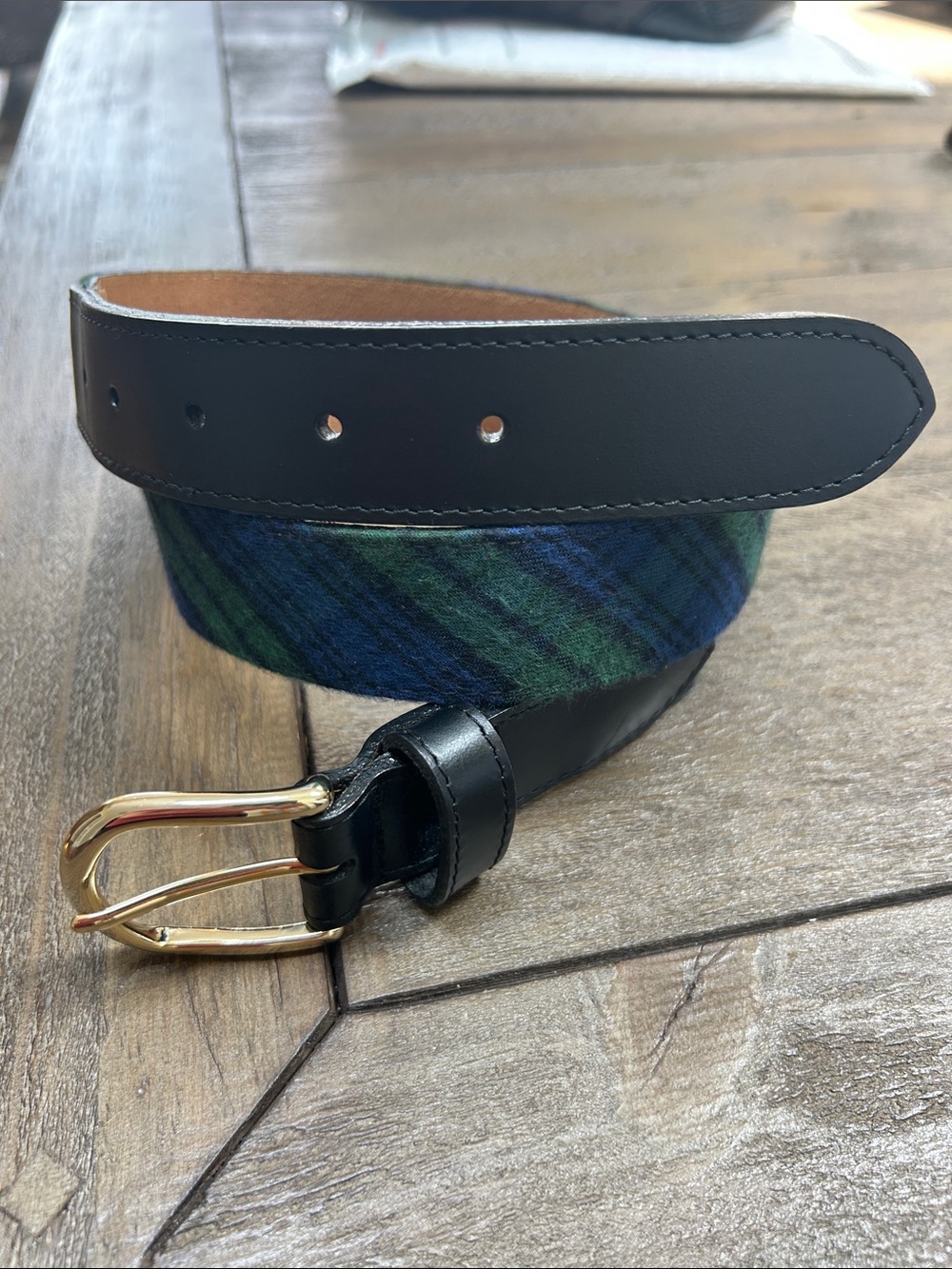 L.L. Bean Black Leather and Blue-Green Plaid Belt with Gold Buckle